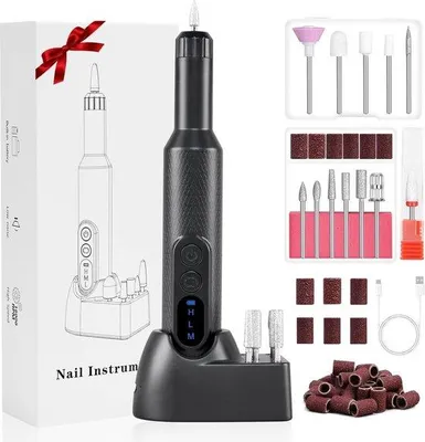 Produktbild von Unyqoos® Kabellose elektrische Nagelfeile und Nagelbohrmaschine – 12 Fräser, 3 Geschwindigkeiten bis 18.000 U/min, wiederaufladbare Basis, Type-C, Schwarz, für Maniküre und Pediküre