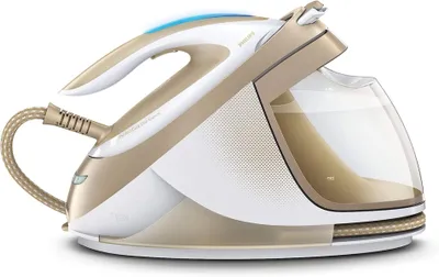 A steam generator iron with a gold and white finish, shown in profile against a white background.