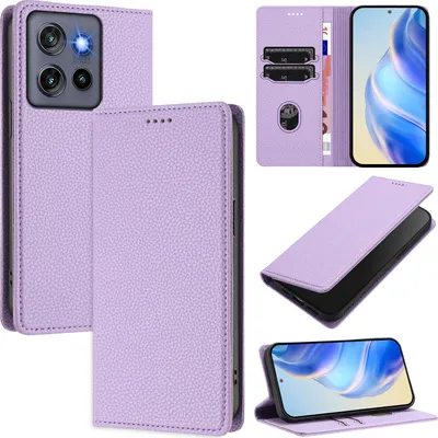 Image de Etui en cuir pour Motorola Edge 50 Neo, Litschi leather, wallet case with card slots and stand Purple