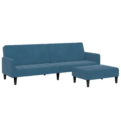 Imagen del producto de Sofá cama de 2 plazas con reposapiés, color azul, tapizado en terciopelo