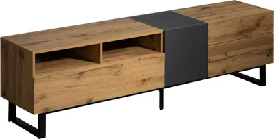 Produktbild von Merax TV-Schrank mit Ablagen, Matt TV-Lowboard Aufbewahrung mit Push-Open-Funktion und Eisenfüßen, Holz Fernsehtisch Lowboard, Eiche
