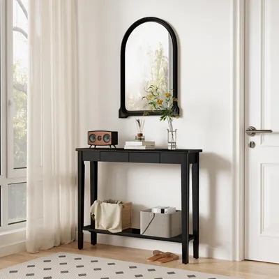 Obrázok produktu pre Drevený konzolový stolík s zásuvkami, 100 x 25 x 80 cm, čierna farba