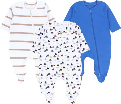 Produktbild von TupTam Baby Unisex Schlafstrampler Mädchen Schlafanzug mit Fuß Jungen Spieler 3er Pack, Farbe: Streifen/Dunkelblau, Größe: 98