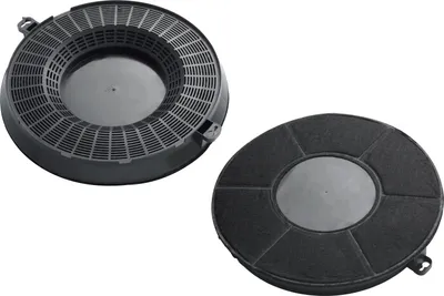 Two charcoal filters for a range hood, shown from a diagonal angle against a white background.