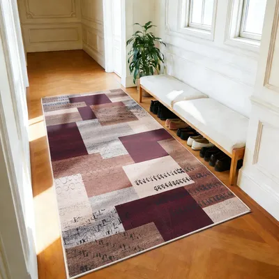 Productafbeelding van Läufer, vloerkleed, 80x150 cm, vintage, geruit, terracotta/rood en multicolor