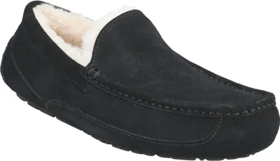 A black UGG slipper with white fur lining is shown from a side angle on a white background.