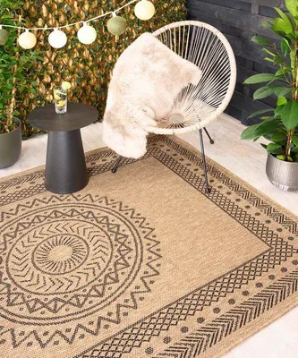 Produktbild von Unyqoos® Jute-Outdoor-Teppich Boho Mandala – Beige/Schwarz, 140 x 200 cm, natürliche Jute‑Optik mit variierender Webstruktur