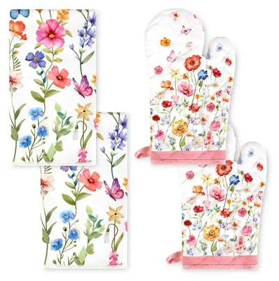 Produktbild von Ofenhandschuh und Topflappen 4er-Set Baumwolle Wildblumen Motiv