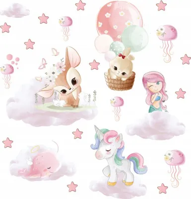Produktbild von Wandtattoo Einhorn, Meerjungfrau, mit umweltfreundlichen, geruchsneutralen Druckfarben - Wandsticker, Wandaufkleber Kinder 170 x 300 cm