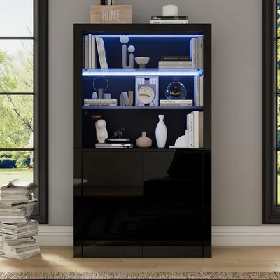 Immagine prodotto di Vetrina di 100 x 35 x 170 cm, con 2 vani contenitori, 2 divisori in vetro, 3 ripiani, illuminazione LED controllabile tramite app, capacità di carico di 80 kg, finitura nero lucido