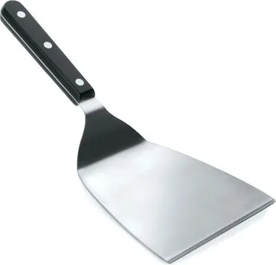 A spatula with a black handle and a metal blade, isolated on a white background.