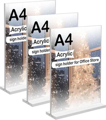 Productafbeelding van SnelShoppen - 3 Stuks A4 Tafelstandaard, Transparante Acrylstandaard A4, Dubbelzijdig, Geschikt voor Reclame, Menukaarten, Restaurants, Cafés, Bruilof