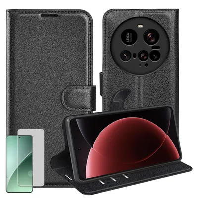 Obrázek produktu pro Pouzdro na mobil Xiaomi 15 Ultra, černé, z umělé kůže + 4D zakřivené tvrzené sklo H9