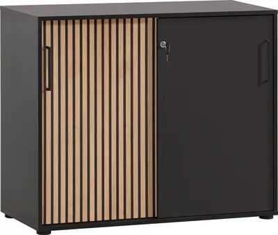 Produktbild von Möbelpartner Aktenschrank Raven | Large | HxBxT 84x100x41cm | 2 Fächern & 2 abschließbare Schiebetüren | Akustikpaneele Eiche/Schwarz