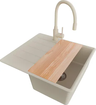 Produktbild von PRIMAGRAN Granitspüle Beige 55x50cm, Spülbecken 1 Becken + Küchenarmatur 38x14cm + Ablauf-Set + Schneidebrett, Küchenspüle ab 40er Unterschrank - Kopenhagen