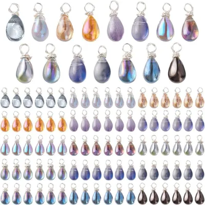 Image de Pendentifs en cristal - Forme de goutte avec fil de fer argenté - Pour la fabrication de bijoux - 120 pièces, 14 mm, 15 couleurs, transparents