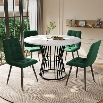 Obrázek produktu pro Sweiko jídelní set (5dílný), jídelní set se 4 židlemi, kuchyňský set, kulatý jídelní stůl o průměru 100 cm s černými kovovými nohami, bílá deska stolu z MDF, zelené sametové jídelní židle