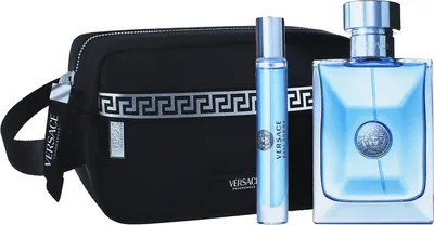 A Versace Pour Homme gift set including a toiletry bag, a travel-sized fragrance spray, and a full-sized fragrance bottle.