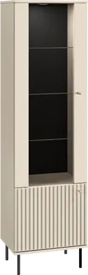 Produktbild von Marmex Möbel Sophie 02 hohe Glasvitrine auf Möbelbeinen, Kaschmirfarben, gefräste Lamellen, Vitrinenschrank, LED-Beleuchtung, Tastlichtschalter,