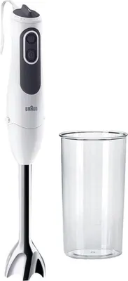 A white hand blender and a clear plastic beaker are shown against a white background.