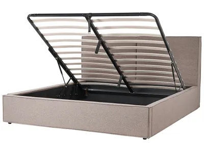 Produktbild von BELIANI Polsterbett Taupe Stoffbezug mit Hohem Kopfteil Lattenrost 180 x 200 cm Bettkasten Hochklappbar Modern Skandi Schalfzimmer Ausstattung Möbel