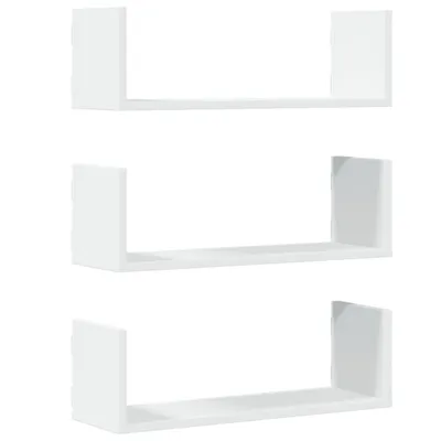 Three white U-shaped shelves are stacked vertically against a white background.