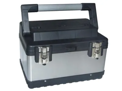 Produktbild von Perel Edelstahl Werkzeugkiste mit herausnehmbarem Einsatz, Metall Toolbox mit Aluminiumgriff und