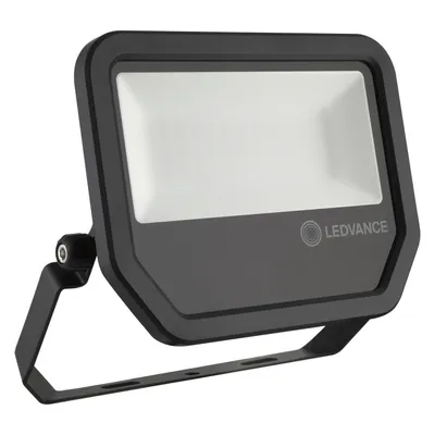 A black LED floodlight is shown against a white background.
