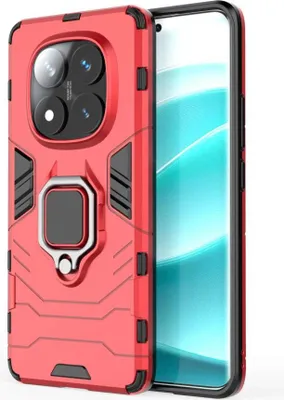 A red phone case with a ring holder is shown against a white background.