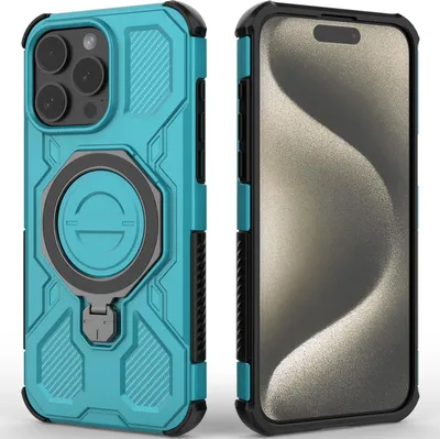 Produktbild von Robuste Handyhülle für iPhone 15 Pro Max mit Ringhalter Ständer Stoßfest, Magnetisch, Dual-Layer Schutz Türkis