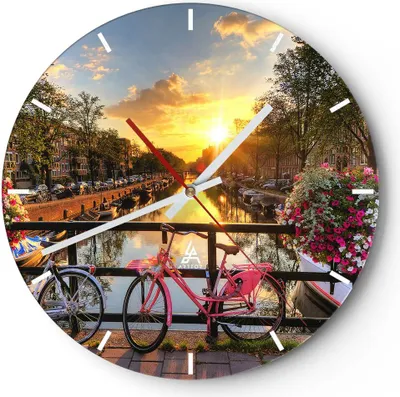 Produktbild von Wanduhr - Rund - Glasuhr - Bikes Kanal Amsterdam Architektur - 40x40cm - Schleichendes Uhrwerk - Lautlos - zum Aufhängen bereit - Dekoration Modern - Wanddekoration aus Glas - C3AR40x40-3081