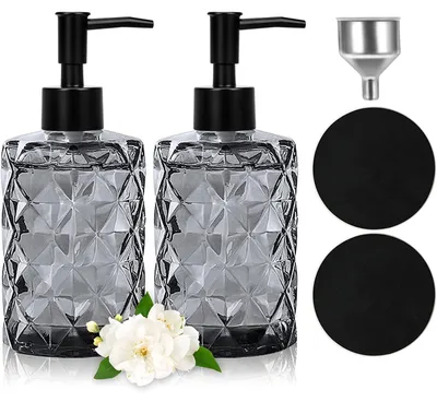 Image de Distributeur de savon en verre, noir, 330 ml, lot de 2 avec entonnoir en acier inoxydable et sous-verres
