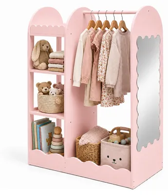 Zdjęcie produktu dla Wieszak na ubrania dla dzieci Relaxdays, z lustrem, 5 przegródek, drążek na ubrania, wymiary: 100 x 94 x 38 cm, garderoba dla dzieci, kolor różowy
