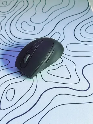 A black computer mouse rests on a white and black topographic map-patterned mousepad.