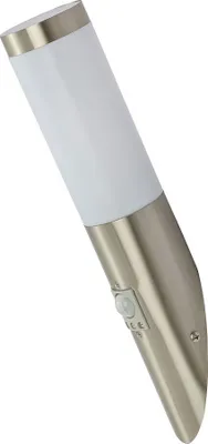 A modern outdoor wall lamp with a motion sensor.