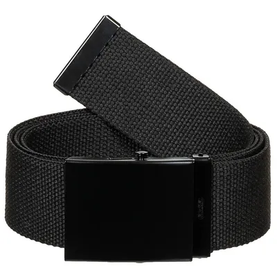 A black fabric belt with a black metal buckle is shown against a white background.