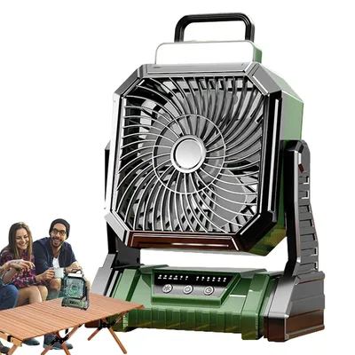 Produktbild von Kabelloser Camping Ventilator mit LED-Laterne – 5400mAh Akku, USB-C, 4 Geschwindigkeiten, Tragbarer Tischventilator für Outdoor, Schwarz
