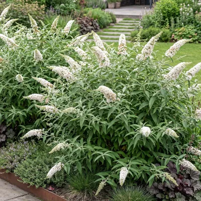 Produktbild von Green boutiQ - Gartenpflanze - Buddleja davidii White Profusion - Sommerflieder - Winterhart - Weiß - 3 Pflanzen - Topf 17cm - Höhe 45cm