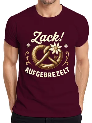 Productafbeelding van Zack Aufgebrezelt  Brezel Tracht Edelweiß Wiesn Grappig Heren T-shirt, Bourgogne, Maat M