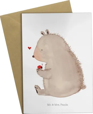 Produktbild von Mr. & Mrs. Panda Klappkarte Bär Marienkäfer - Weiß - Geschenk, Grußkarten, Liebe, einladungskarten, Teddy, Motivation, weihnachtskarten, osterkarte, Freiheit