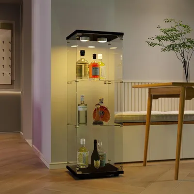 Obrázok produktu pre Sklenené vitríny s 3 policami a LED osvetlením, čierna farba