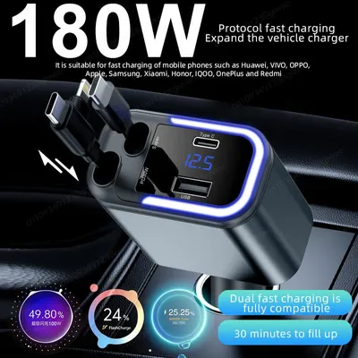 Produktbild von 5-in-1-USB-C-Autoladegerät mit einziehbarem Kabel, 180-W-Schnellladegerät für Mobiltelefone mit Stimmungsbeleuchtung, für iPhone, iPad, Android