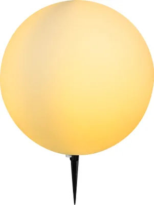 A close-up shot of a spherical outdoor light fixture with a black stake.