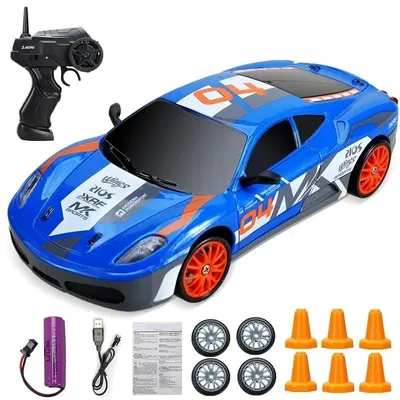 Produktbild von 2,4-GHz RC-Drift-Auto 4WD im Maßsta, ferngesteuertes Rennauto mit Beleuchtung, 15 km/h und 3,7-V-Akku - Blau