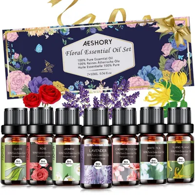 Zdjęcie produktu dla Zestaw olejków eterycznych "Kwiaty", 7 x 10 ml, czyste, naturalne, do aromaterapii, olej zapachowy do dyfuzorów i nawilżaczy powietrza