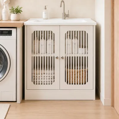 Imagen del producto de Mueble bajo lavabo sin lavabo, armario de baño de pie con dos puertas y frente con listones, color blanco, 60x30x60 cm