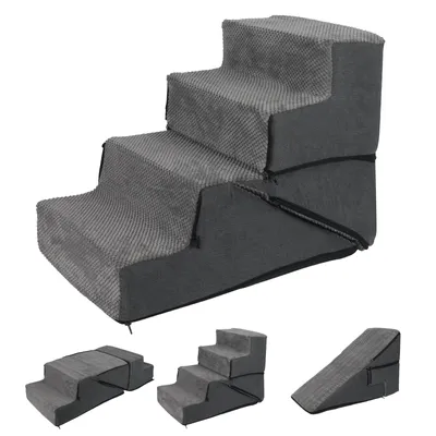 Produktbild von 3-in-1 Hundetreppe und Hunderampe, 4-stufige Haustiertreppe aus hochdichtem Schaumstoff mit abnehmbarem, rutschfestem Bezug, für Bett, Sofa und Auto