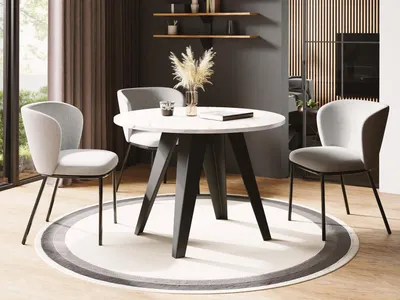 Produktbild von Esstisch Glory im Industriestil - Moderner, Runder Tisch in Weißer Marmoroptik - Ausziehbar von 90 cm bis 130 cm, mit Pulverbeschichteten Metallbeinen, Tisch für Kleine Küche - Marmor Weiß