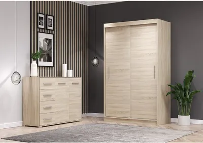 Produktbild von 2er-Set Schwebetürenschrank Schrank Kleiderschrank ohne Spiegel Sonoma Eiche/Sonoma Eiche 120cm Neomi 04 mit Kommode 135cm FRIDA 01