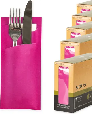 Produktbild von Bestecktasche Prime Fit in Pink 85 x 190 mm, mit 2-lagiger Tissue-Serviette in Weiß -500 Stück